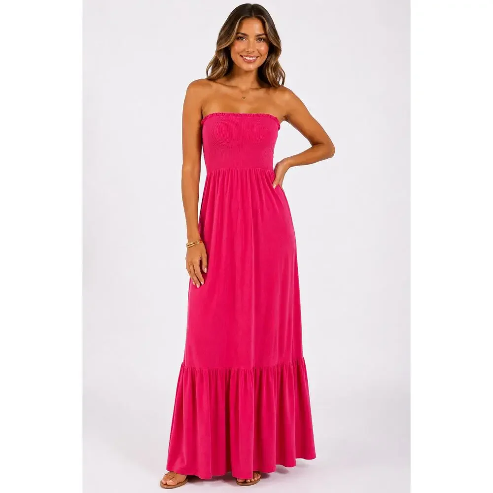 Juicy Couture Smocked Terry Cloth Maxi Dress Pink Womens Size Medium New Y2K